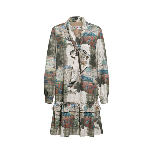 两三事梵高文艺心跳图谱2026春季新款绑带领印花衬衫裙短款连衣裙 商品图4