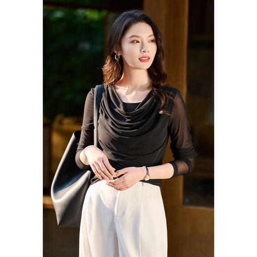 【预售7天】优雅絮语网纱T恤 设计感荡领 米思阳2026春季新款修身显瘦上衣女微透小性感T恤3991 商品图2