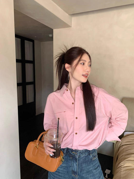 新款多季节冰岛欧尼玫瑰粉廓形棉衬衫 商品图12