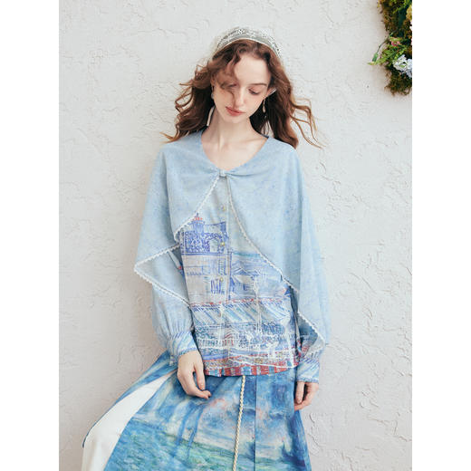 两三事梵高文艺 风荷听雨 2026春季新款披肩式假两件印花雪纺衫女 商品图1