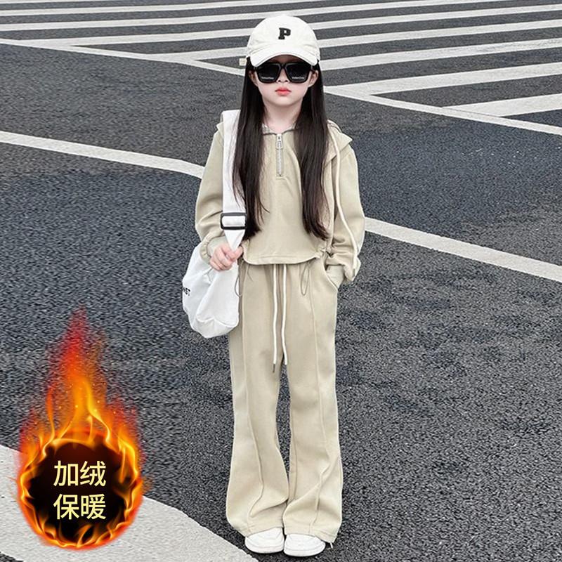 女童加绒套装冬装新款儿童洋气连帽卫衣中学生运动休闲长裤两件套