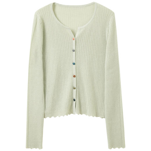 三彩2026春季新款彩色纽扣薄荷绿开衫圆领长袖针织衫上衣M 商品图4