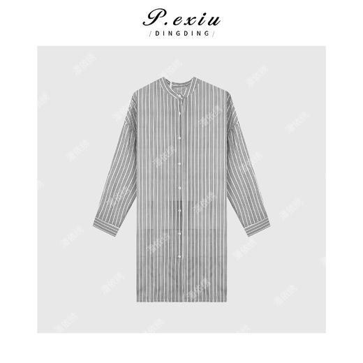 天丝竖条纹慵懒风廓形中长款衬衫 W-62696 商品图1
