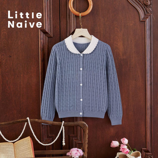 【云优选】Little Naive儿童娃娃领开衫早春麻花针织衫外套女童学院风上衣 商品图3