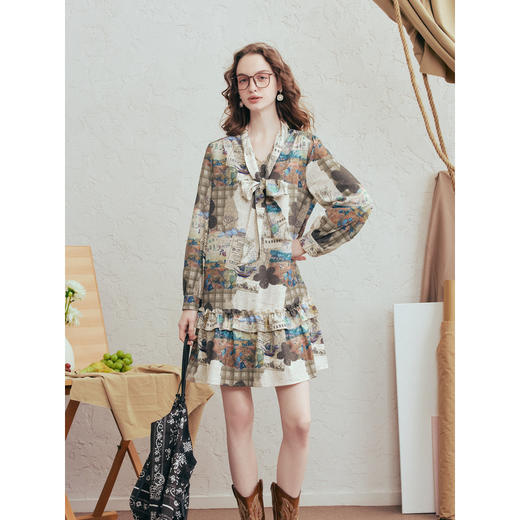 两三事梵高文艺心跳图谱2026春季新款绑带领印花衬衫裙短款连衣裙 商品图1