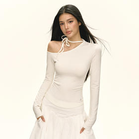 Ariseism 美式复古设计感斜肩绑带白色长袖女春季新款修身上衣