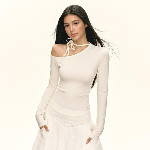 Ariseism 美式复古设计感斜肩绑带白色长袖女春季新款修身上衣 商品图0