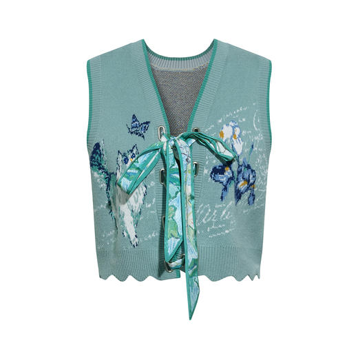 两三事梵高文艺青野伴游2026春季新款小清新印花绑带提花针织衫女 商品图4