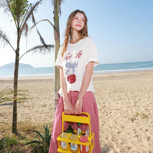 三彩2026春季新款休闲宽松大版樱桃T恤短袖圆领套头印花上衣M 商品图1