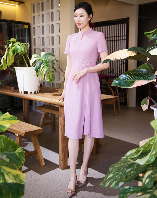 皮尔卡丹女装粉色旗袍领连衣裙P52003D5017F0 商品图5