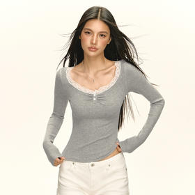 Ariseism 美式复古设计感蕾丝长袖T恤女春季新款修身内搭打底上衣