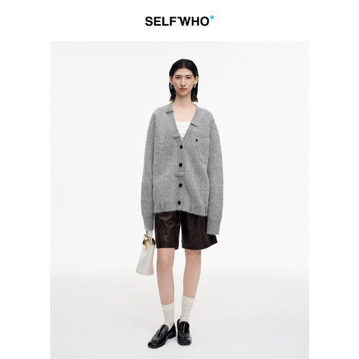 SELFWHO安哥拉兔毛羊毛混纺灰色V领针织开衫女2026春新款宽松毛衣 商品图2