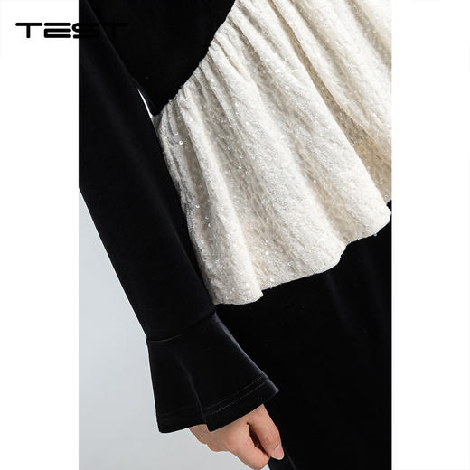 春上新丝绒拼接连衣裙V领收腰显身材气质小黑裙4261001 商品图3