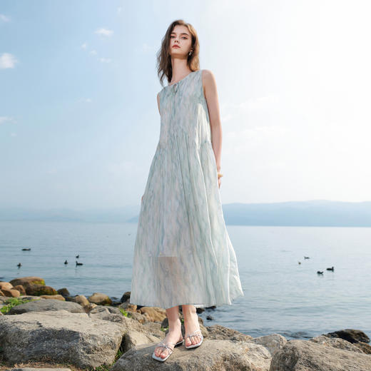 【樱花系列连衣裙】三彩2026夏季新款莱赛尔圆领系带宽松A字长裙M 商品图2