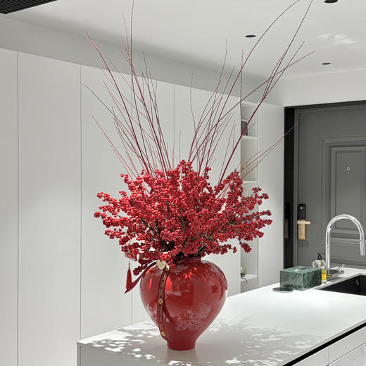 《喜气洋洋》飘花石榴红罐红瑞木冬青瓶插花15支 商品图4