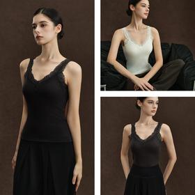 耳边细语 长绒棉羊毛莫代尔V领针织蕾丝背心 文胸式罩杯内衣背心