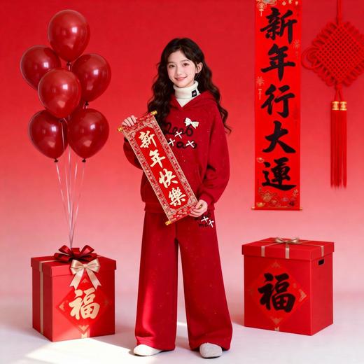 女童秋冬季加绒卫衣套装红色喜庆年服小女孩阔腿裤保暖两件套冬装 商品图2