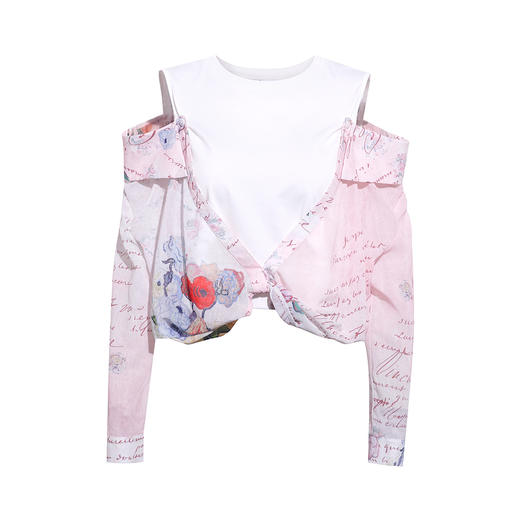 两三事梵高文艺玫瑰引力2026春新款甜美印花拼接露肩假两件衬衫女 商品图4