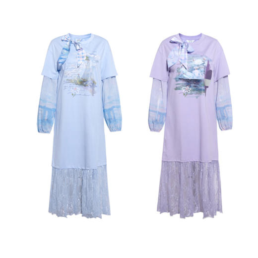 两三事春信画意2026春季新款蝴蝶结圆领拼接袖蕾丝裙摆印花连衣裙 商品图4