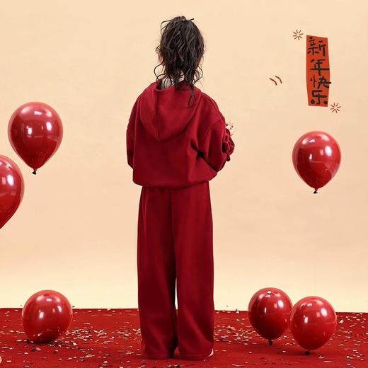 中大儿童新年风红色加绒连帽两件套女童秋冬季新款时髦拜年服套装 商品图3