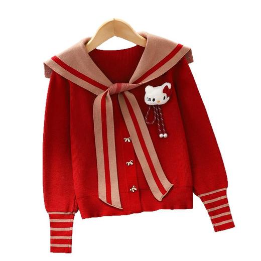 女童红色毛衣新款女大童海军领披肩上衣儿童洋气学院风新年服 商品图4