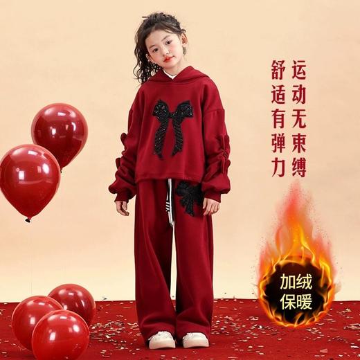 中大儿童新年风红色加绒连帽两件套女童秋冬季新款时髦拜年服套装 商品图2