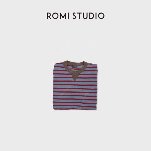 ROMI STUDIO"休闲复古"100%棉亲肤条纹撞色v领短袖T恤 RWDRSU1535 商品图1