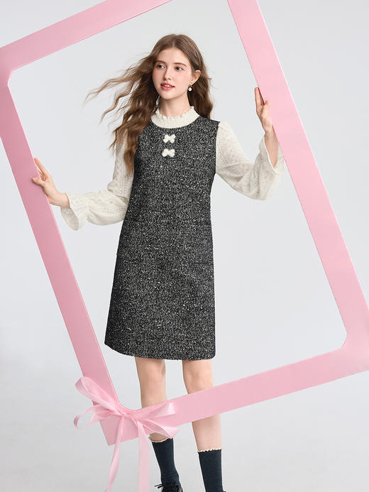 【百图lulu定制】【香风连衣裙】设计感 蝴蝶结点缀冬季连衣裙小香风氛围感拼色通勤 商品图4