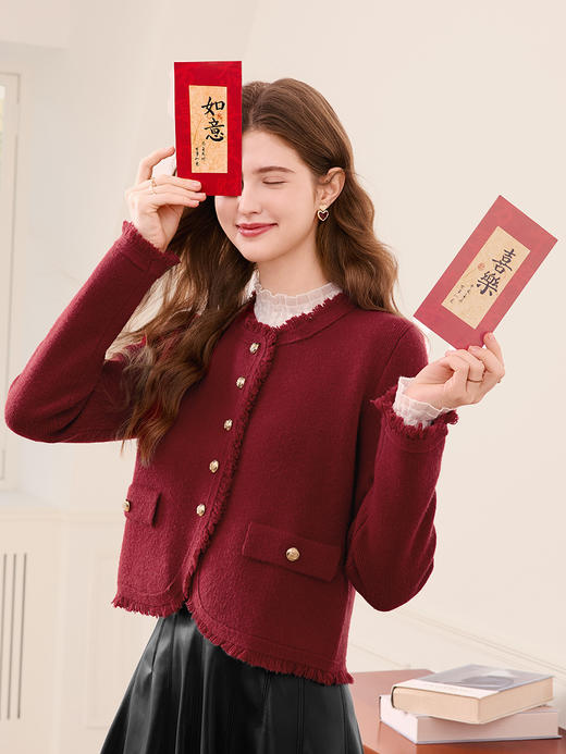 【百图lulu定制】【香风针织开衫】小香风针织外套流苏毛边单排扣纯针织开衫女 商品图4