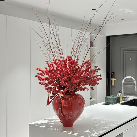 《喜气洋洋》飘花石榴红罐红瑞木冬青瓶插花15支 商品图3