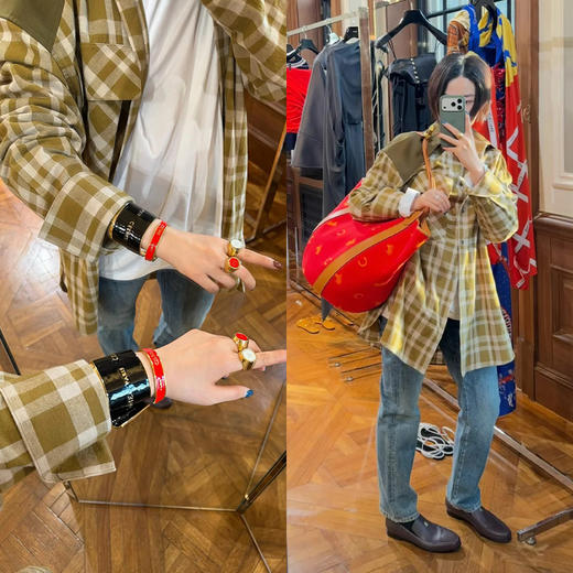 HIDEMI 色织格纹撞色拼接贴袋衬衫外套上衣 商品图1