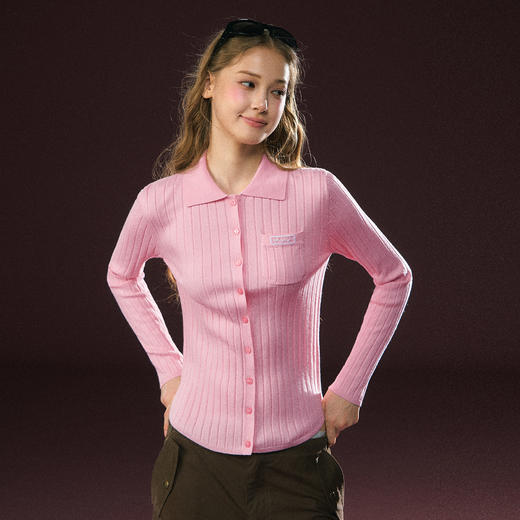 Ariseism 美式复古粉色翻领长袖针织上衣女春季新款 商品图2