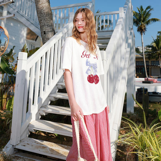 三彩2026春季新款休闲宽松大版樱桃T恤短袖圆领套头印花上衣M 商品图2