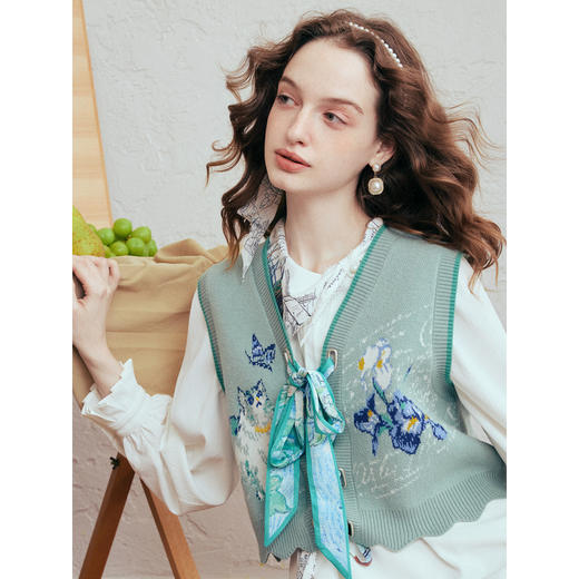 两三事梵高文艺青野伴游2026春季新款小清新印花绑带提花针织衫女 商品图2