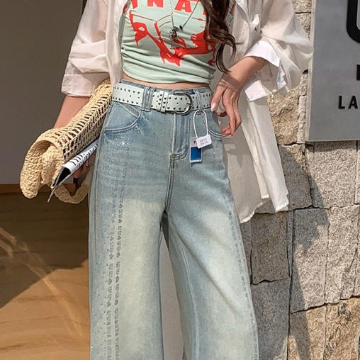 【限时赠送！定制价值69元Tiffany蓝色绝配腰带】觅槿MDINN 高定烫钻牛仔微喇裤 商品图3