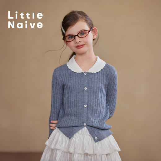 【云优选】Little Naive儿童娃娃领开衫早春麻花针织衫外套女童学院风上衣 商品图4