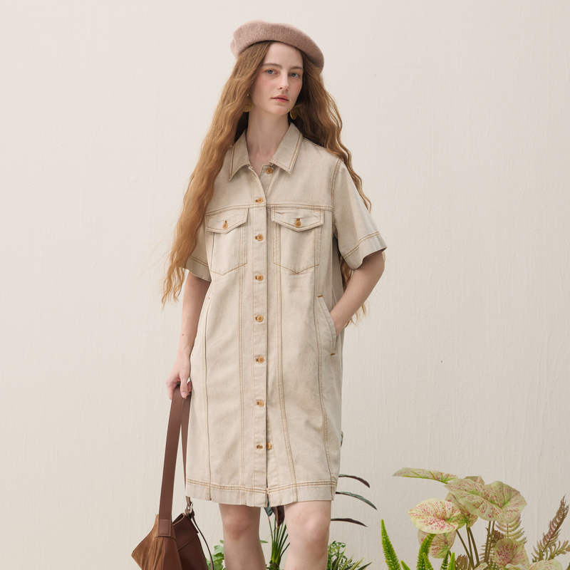 谜底牛仔连衣裙短袖2026春季新品做旧水洗H型拼接亲肤女261ML0044