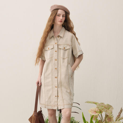 谜底牛仔连衣裙短袖2026春季新品做旧水洗H型拼接亲肤女261ML0044 商品图0