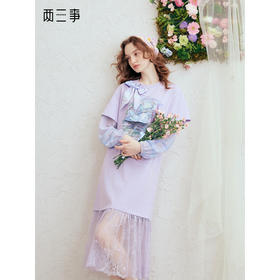 两三事春信画意2026春季新款蝴蝶结圆领拼接袖蕾丝裙摆印花连衣裙