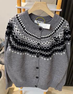 F020549复古氛围感浅灰色费尔岛提花针织开衫