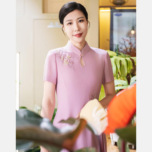 皮尔卡丹女装粉色旗袍领连衣裙P52003D5017F0 商品图1