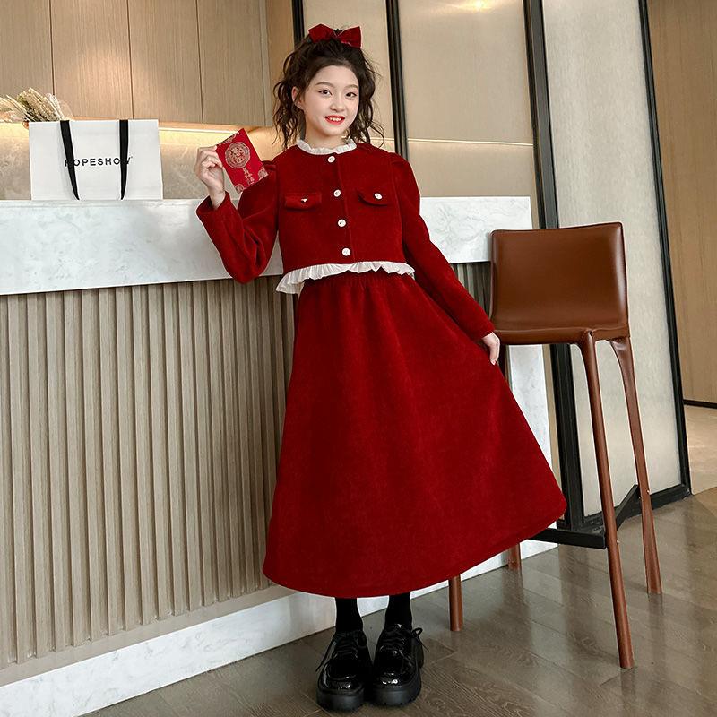 女童小香风套装裙子秋冬中大儿童加厚洋气时髦红色新年装拜年服