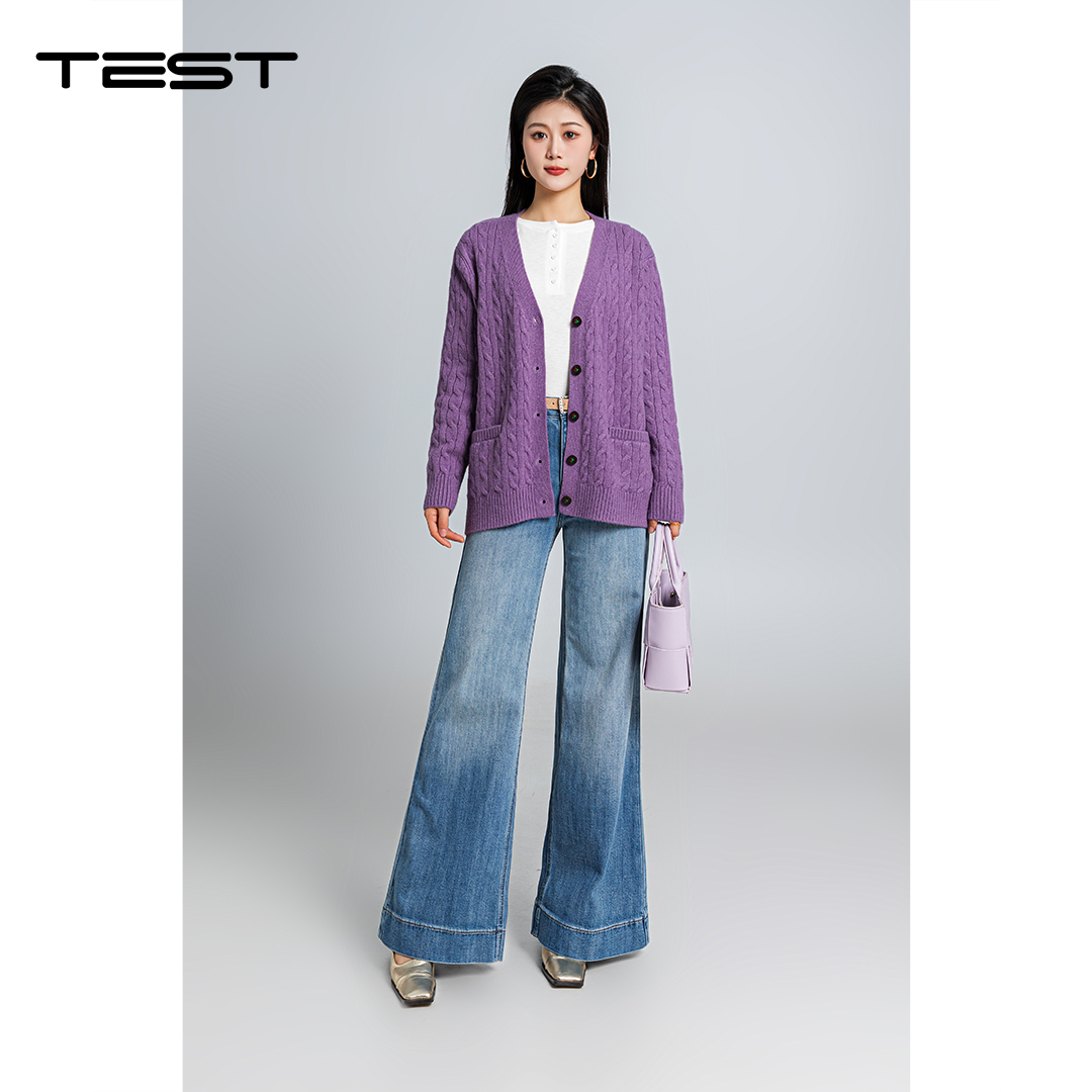 春上新软糯亲肤绞花宽松显瘦V领针织外套开衫2261006