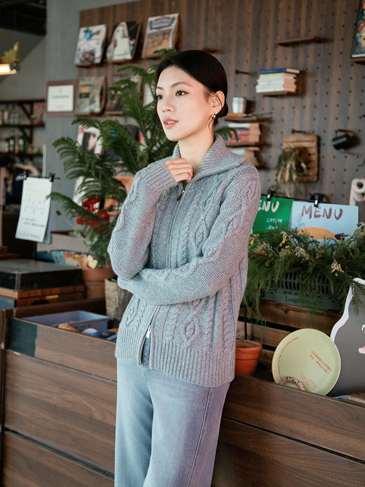 【粗棒针双拉链开衫】羊绒世家秋冬新品女士100%山羊绒绞花针织开衫外套 商品图1