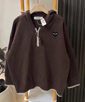 F020546慵懒松弛感咖色连帽半拉链针织衫