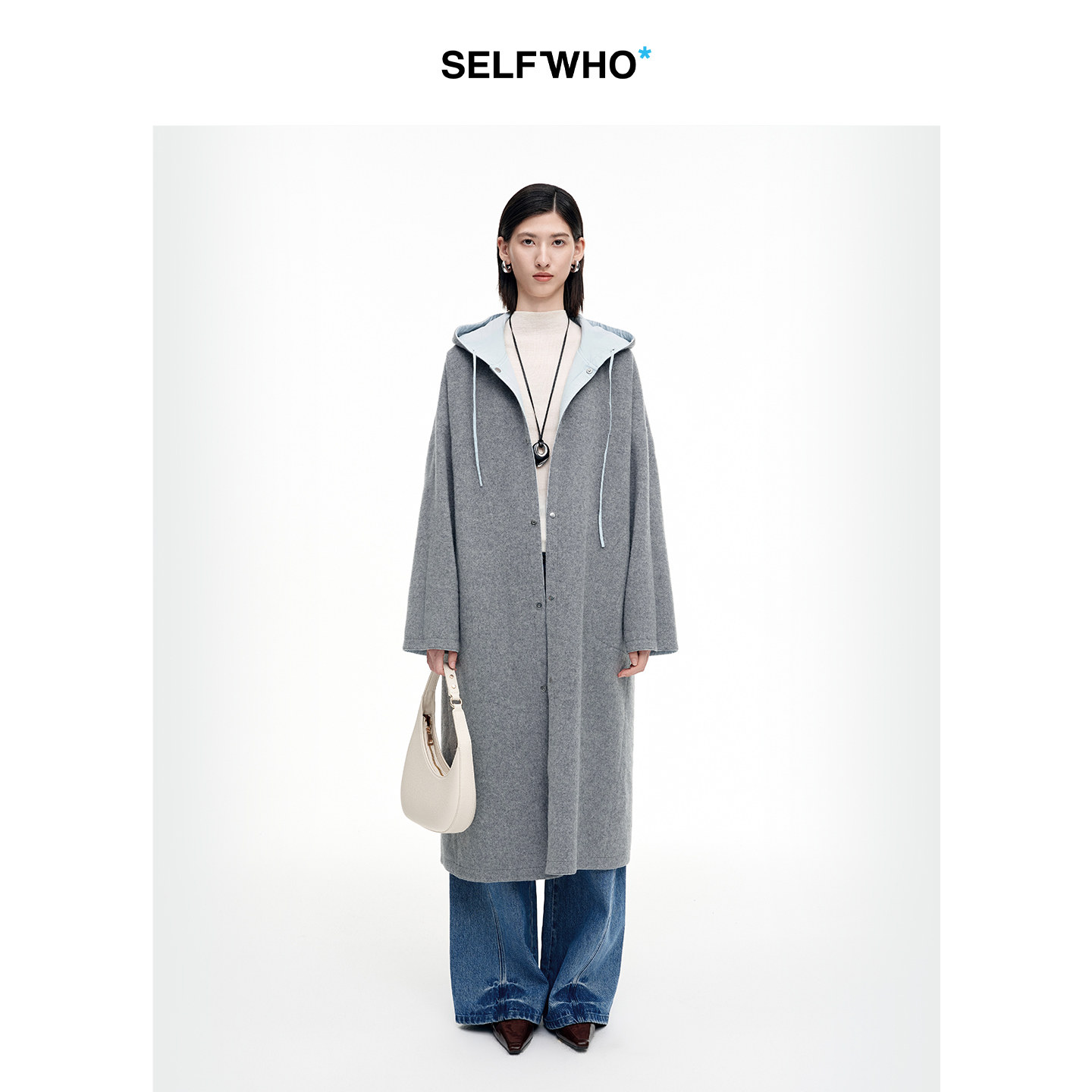 SELFWHO100%绵羊毛灰色双面穿外套女2026春季新款连帽抽绳大衣