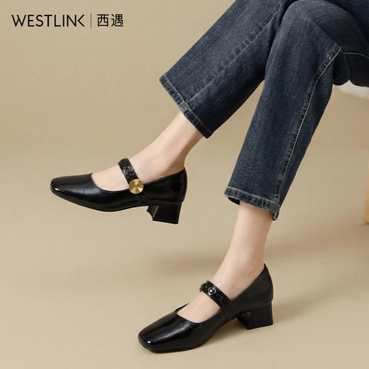 【限时秒杀】西遇方头玛丽珍鞋女鞋2026新款春季浅口一字带小皮鞋法式粗跟单鞋V0166246 商品图3