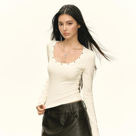 Ariseism 美式复古设计感 白色铆钉长袖T恤女春季新款修身上衣