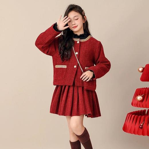 女童淑女小香风新年红色两件套秋冬季新款学生女孩拜年服公主套装 商品图2