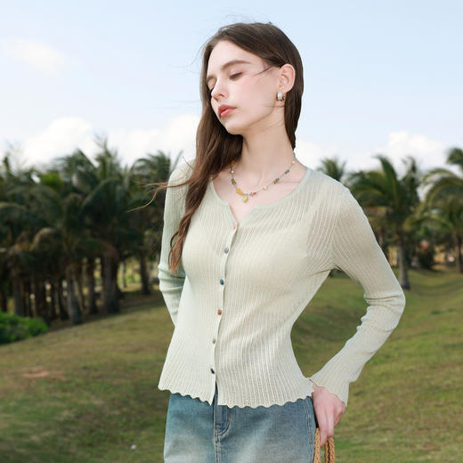 三彩2026春季新款彩色纽扣薄荷绿开衫圆领长袖针织衫上衣M 商品图1